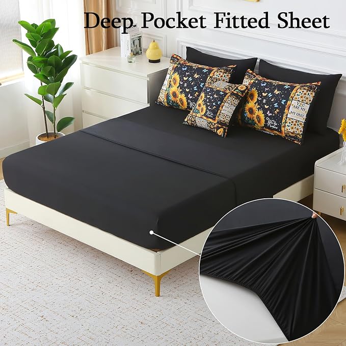 JQinHome Sunflower Comforter Set Twin for Girls Women,6 Piece Bed in A Bag 3D Black Sunflower Theme Butterfly Bedding Set with Sheet Set(Black)