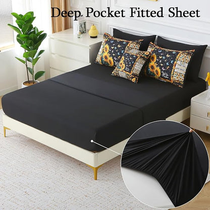 JQinHome Sunflower Comforter Set Twin for Girls Women,6 Piece Bed in A Bag 3D Black Sunflower Theme Butterfly Bedding Set with Sheet Set(Black)
