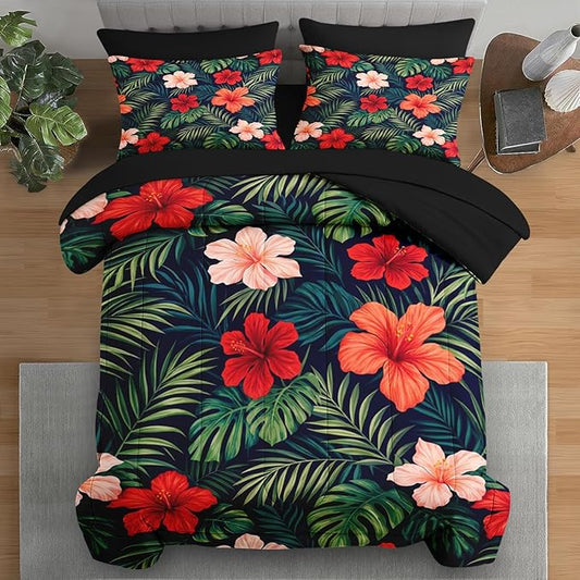 Comforter Set Full Size, Summer Colorful Hawaiian 7 Pcs Bedding for Kids and Adults, Tropical Plants Hibiscus Bed Sheet Sets with Fitted Sheet 2 Pillowcases & 2 Shams for Bedroom Bed Decor