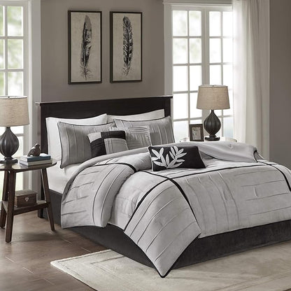 Madison Park Cozy Comforter Set Casual Blocks Design All Season, Matching Bed Skirt, Decorative Pillows, Cal King(104"x92"), Dune Suede, Black Grey, 7 Piece