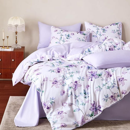 Wake In Cloud - Floral Comforter Set, Cottagecore Cottage Rustic Farmhouse Style with Botanical Flowers and Leaves Pattern, Soft Lightweight Bedding, 3-Piece, Purple White, Twin/Twin XL Size