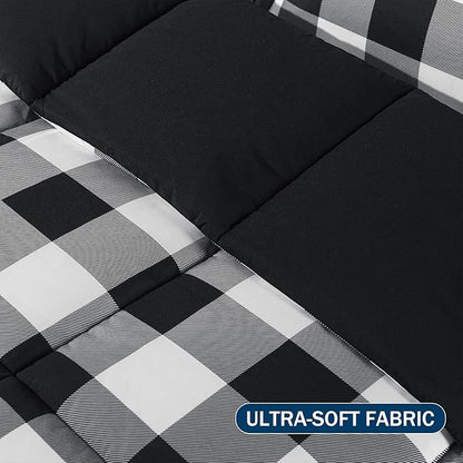 downluxe Lightweight Plaid Comforter Set (Twin) with 1 Pillow Sham - 2-Piece Set - Black/White Plaid - Down Alternative Reversible Comforter