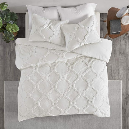 Madison Park Tufted Chenille Cotton Comforter, All Season Bedding Set, Matching Shams, Pacey Shabby Chic, Geometric Ogee Off White Full/Queen(90"x90") 3 Piece