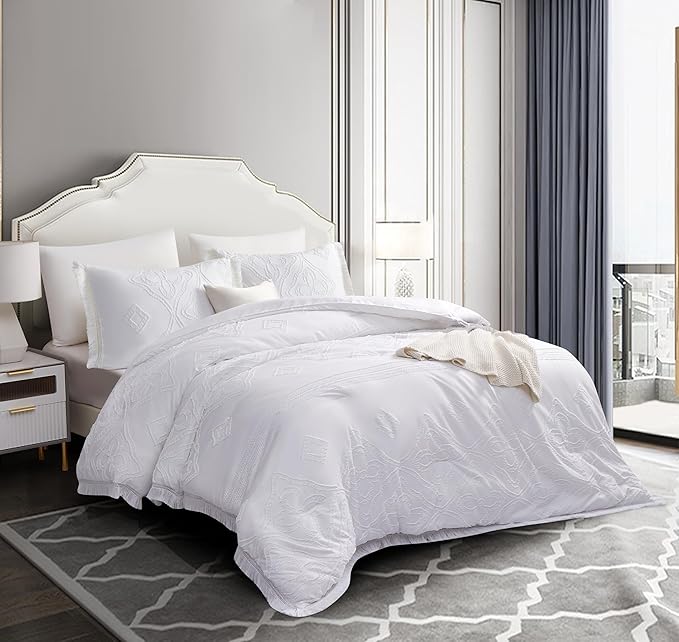 Boho King Size Comforter Set White 3 Pieces Tufted Tassel King Comforter Set Prime Lightweight Down Comforter King Size White Farmhouse Boho Bedding Shabby Chic Fluffy Comforter Bed Set Gift Choice