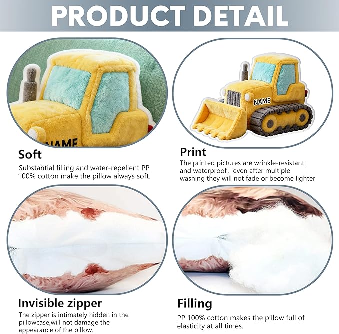 Custom Bulldozer Shaped Pillow Personalized Double-Sided Printed Cute Pillow Customized Christmas Party Commemorative Gift Sofa Decorative for Boys and Girls 8-32in