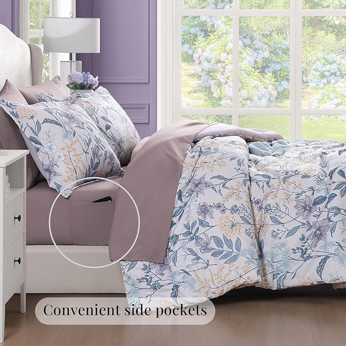 CASAAGUSTO Full Comforter Set, 7 PCS Purple Iris Floral Comforter Set with Flowers Leaves Pattern, Soft Seersucker Design All Season Full Size Bedding Set(80"X90")