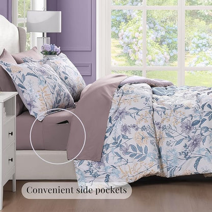 CASAAGUSTO King Comforter Set, 7 PCS Purple Iris Floral Comforter Set with Flowers Leaves Pattern, Soft Seersucker Design All Season King Size Bedding Set(102"X90")