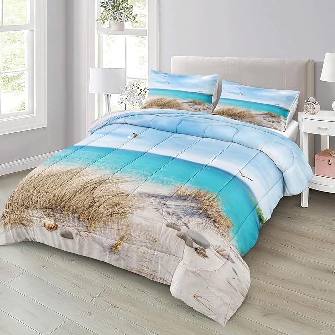 MOVE OVER Blue Ocean Comforter Set King Size Coastal Bedding Set 3 Pcs Beach Themed Comforter Set White Seagull and Seaside Rocks Seascape Ocean Bedding Sets