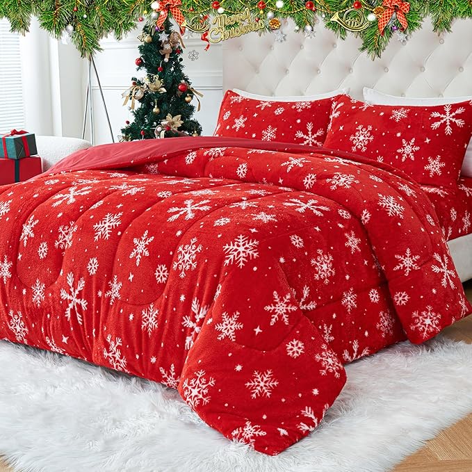 YIYEA Christmas Faux Fur Comforter Set Queen Size with Fitted Sheet, Luxury Ultra Soft Fuzzy Comforter, Fluffy Plush Velvet Bedding Comforter Sets for Fall Winter, Cozy Warmth, No Shedding, 4PC