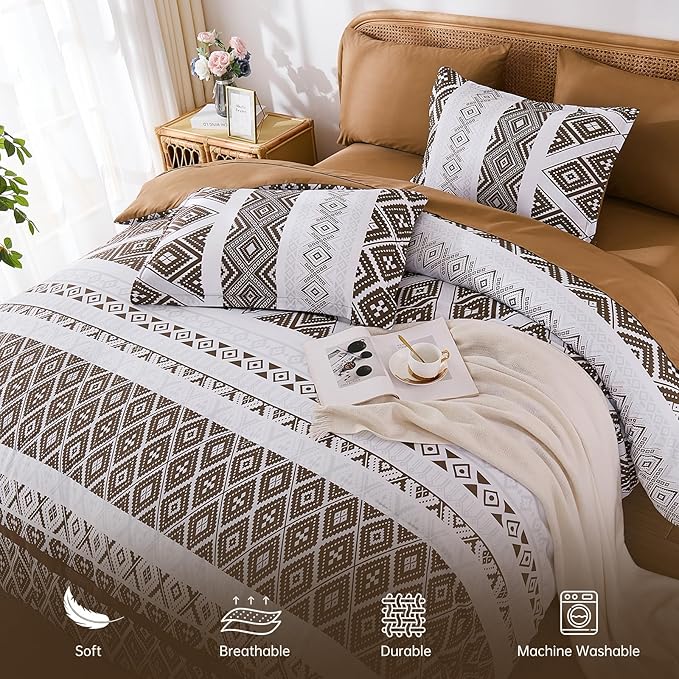 Luxudecor Brown Comforter Set Queen Size 7 Pieces,Boho Aztec Comforter with Sheet Set,Geometric Striped Pattern Bed in a Bag,Soft Microfiber Bed Set 90"x90"
