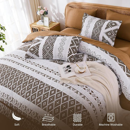 Luxudecor Brown Comforter Set King Size 7 Pieces,Boho Aztec Comforter with Sheet Set,Geometric Striped Pattern Bed in a Bag,Soft Microfiber Bed Set 104"x90"