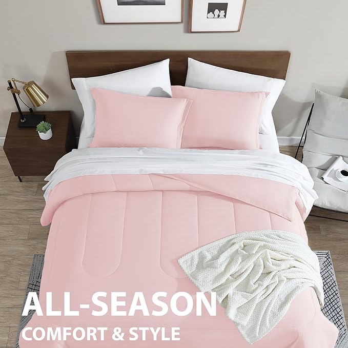 Cathay Home Basic Bedding Home Essential Ultra Soft Lightweight 8PC Wrinkle Resistant Microfiber Bed in a Bag Set (Includes Complete Sheet Set, Comforter Set & Bedskirt) - Queen, Rose Blush