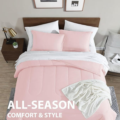 Cathay Home Basic Bedding Home Essential Ultra Soft Lightweight 8PC Wrinkle Resistant Microfiber Bed in a Bag Set (Includes Complete Sheet Set, Comforter Set & Bedskirt) - Twin, Rose Blush