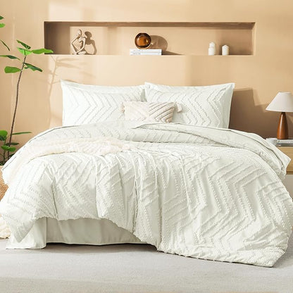 Litanika Twin Comforter Set with Sheets Ivory - 5 Pieces Boho Tufted Shabby Chic Bed in a Bag, Fluffy Soft Farmhouse Bed Set for All Seasons