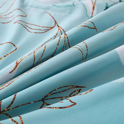 WONGS BEDDING Aqua Comforter Set Full Size, 7 Pieces Aqua Botanical Bed in a Bag Comforter Complete Golden Leaves Gradient Bedding Bedding Set for All Season with Sheets,Pillowcases & Shams