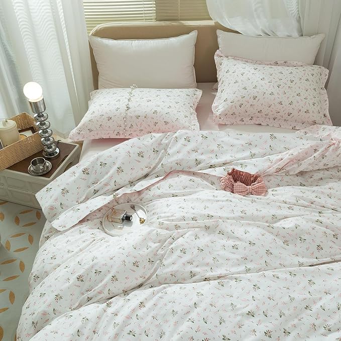 mixinni Girl Floral Full Size Comforter Pink White Flower Leaf Print Bedding Sets, Cute Floral Bedding Comforter Sets for All Seasons-(1 Comforter+2 Pillow Shams)-Full Size