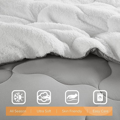 Comfort Spaces Comforter Set, Chic Reversible Quatrefoil Quilting, Sherpa Comforters King, All Seasons, Lightweight Microfiber Bedding Set Matching Sham, Vixie, King Grey/White 3 Piece