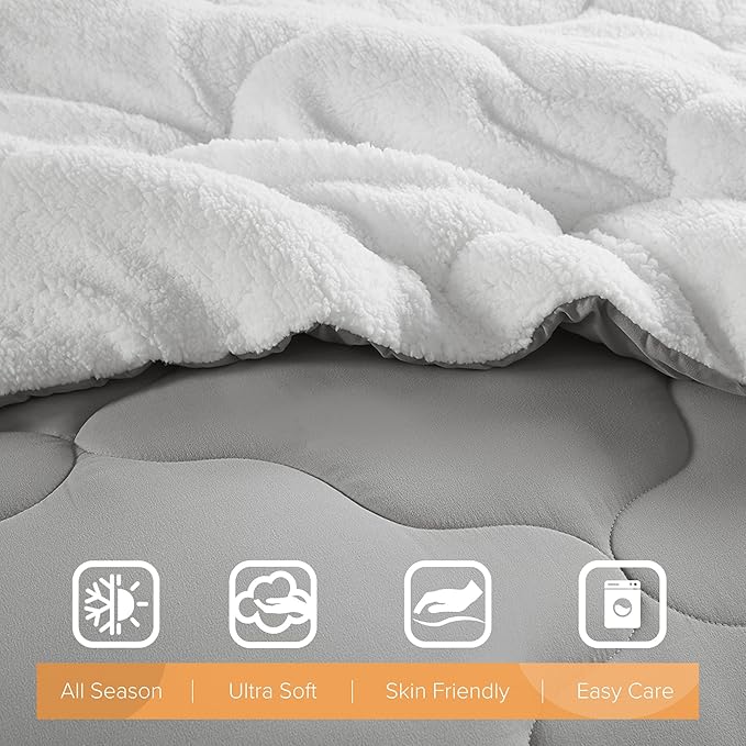 Comfort Spaces Comforter Set, Chic Reversible Quatrefoil Quilting, Sherpa Comforters Twin, All Seasons, Lightweight Microfiber Bedding Set Matching Sham, Vixie, Twin/Twin XL Grey/White 2 Piece