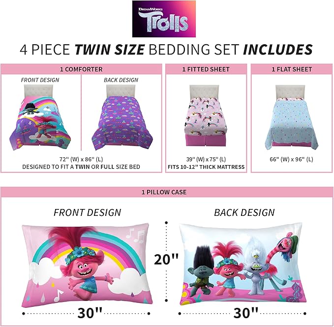 Franco Kids Bedding Super Soft Microfiber Comforter and Sheet Set, 4 Piece Twin Size, Trolls World Tour