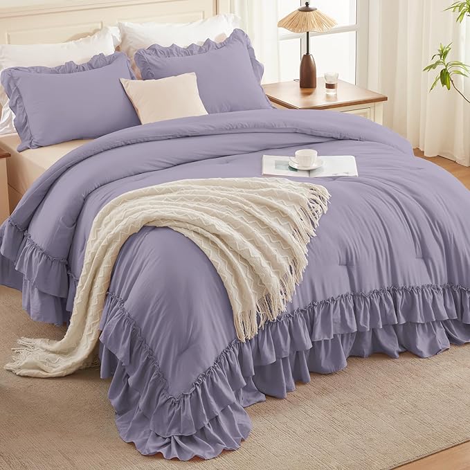 Andency Grayish Purple Ruffle Comforter Full Set, 3pcs Vintage Farmhouse Shabby Chic Bedding Comforter Set, Soft Lightweight Fluffy Bed Comforter Sets All Season Bedding Set