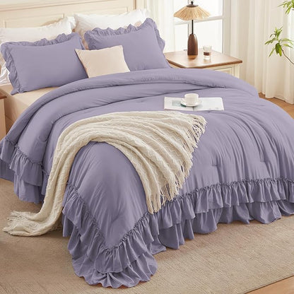 Andency Grayish Purple Ruffle Comforter Set King, Shabby Chic Farmhouse Bedding Comforter, Soft Lightweight Fluffy Microfiber Bet Set All Season 3 Pieces Solid Comforter Set