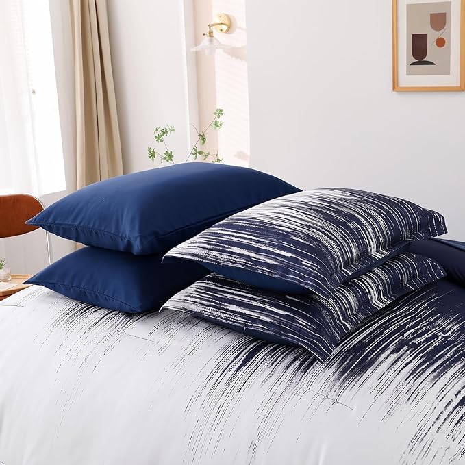 Dinjoy Ombre Blue Comforter Set Cal King Size Gradient Navy Blue White Boho Bedding Set