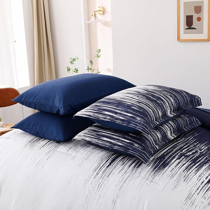 Dinjoy Ombre Blue Comforter Set Cal King Size Gradient Navy Blue White Boho Bedding Set