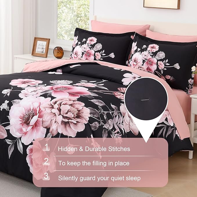 Floral King Size Comforter Set - 7 Piece Botanical Black and Pink Bed in a Bag Ulter Soft Microfiber Bedding Set, Lightweight Bed Comforter Set with Sheets for All Season (Black, King)