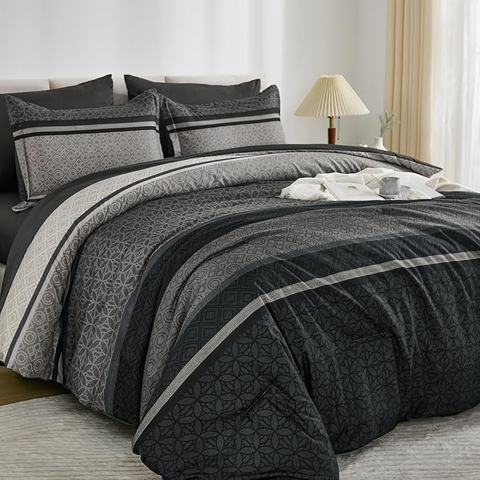 WONGS BEDDING 7 Pieces Comforter Set Queen Size, Dark Grey Black Striped Bed in a Bag Comforter and Sheet Set, Minimalist Geometric Soft Lightweight Micorfiber Bedding Set for All Season (90"×90")