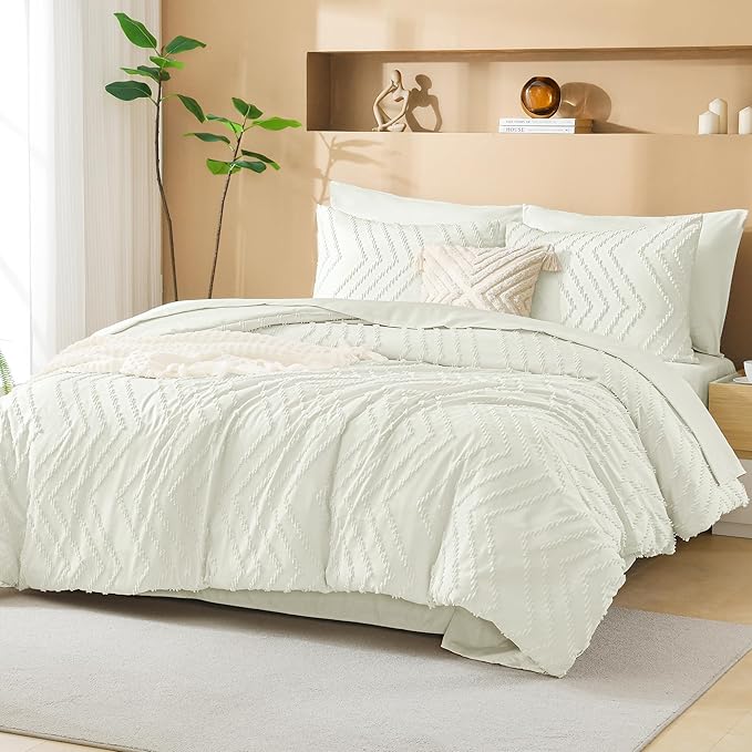 Litanika Ivory Full Size Comforter Set with Sheets - 7 Pieces Bed in a Bag Full Boho Tufted Complete Bedding Sets with Comforter, Sheets, Pillowcases & Shams