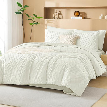 Litanika Ivory Full Size Comforter Set with Sheets - 7 Pieces Bed in a Bag Full Boho Tufted Complete Bedding Sets with Comforter, Sheets, Pillowcases & Shams