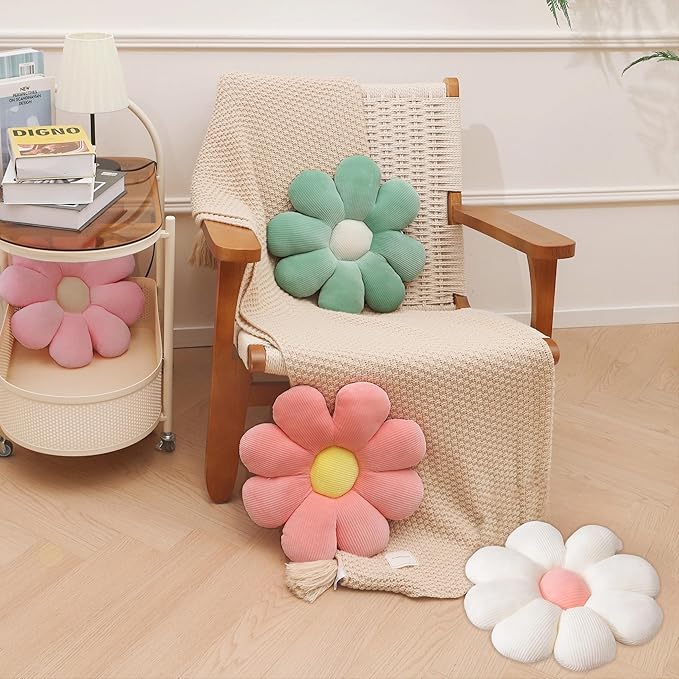 2 Pcs Sage Green Throw Pillow Decorative Flower Pillows for Room Decor, 15" Cute Aesthetic Flower Daisy Shaped Throw Pillows for Bedroom Bed Couch Chair Classroom (White+Green, 15.35 Inch)