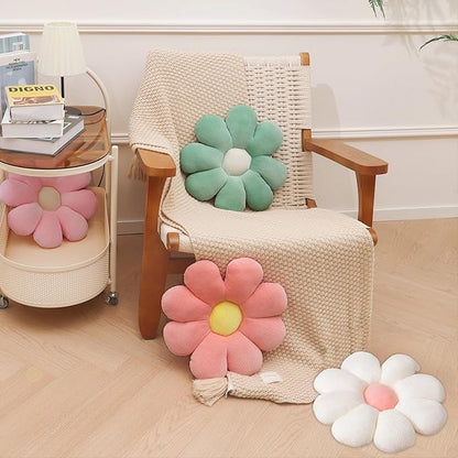 2 Pcs Sage Green Throw Pillow Decorative Flower Pillows for Room Decor, 15" Cute Aesthetic Flower Daisy Shaped Throw Pillows for Bedroom Bed Couch Chair Classroom (White+Green, 15.35 Inch)