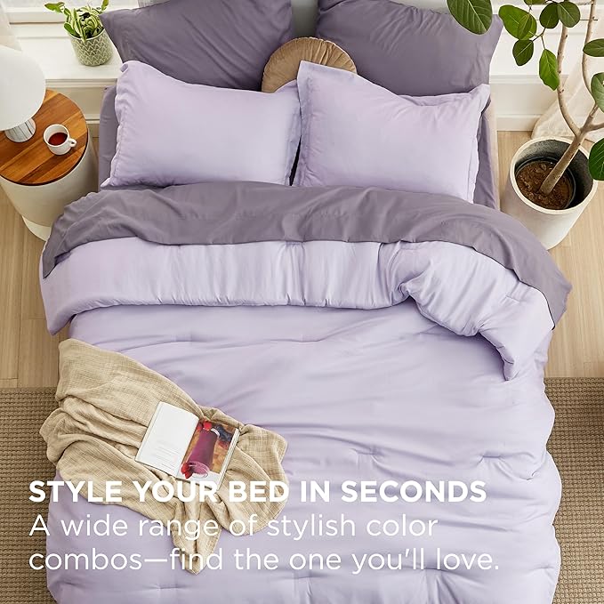 Bedsure Queen Comforter Set - 7 Pieces Lavender Queen Bedding Set for All Seasons, Boho Contrasting Design Bed in a Bag with Comforter, Sheets, Pillowcases & Shams