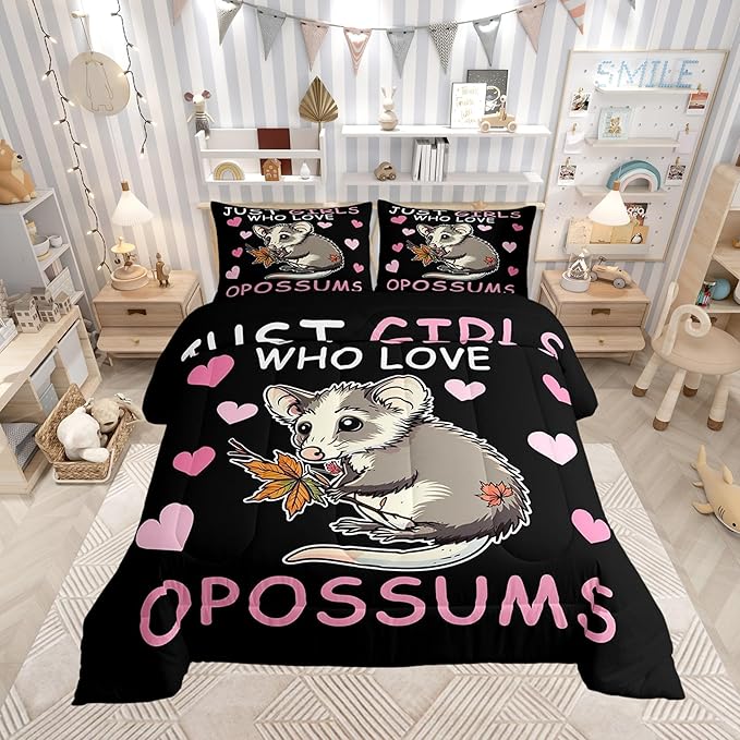 Girl Pink Love Heart Pattern 3 Pcs Comforter/Duvet Set,Cute Cartoon Animal Theme Ultra Soft Bed Collection,Opossum Bedding for Room Decor 3 Pcs,Microfiber Breathable,King
