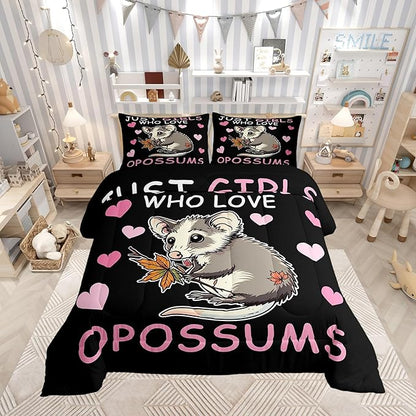 Opossum Boys Kids Comforter Set Full Size,Girl Pink Love Heart Pattern Duvet Set Room Decor,Cute Cartoon Animal Theme Brushed Microfiber Soft Bedding Comforter