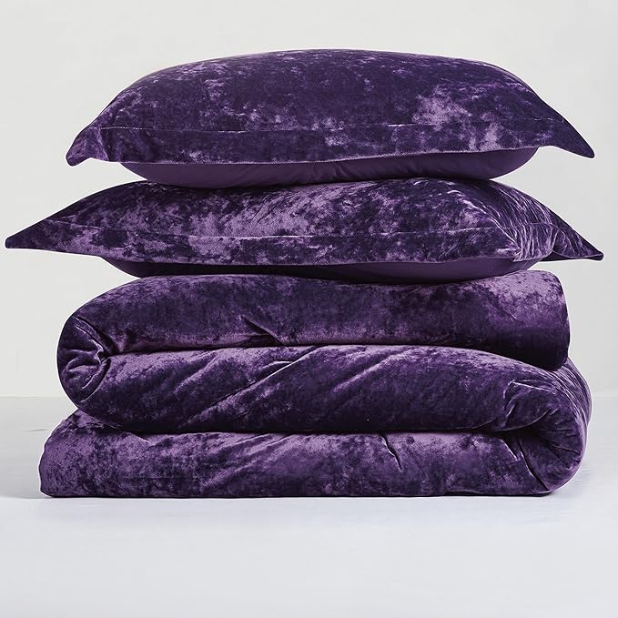 Luxury Velvet King Comforter Set, 3 Pieces Reversible Comforters King Size with 2 Pillow Shams, Brushed Solid Microfiber Back, All Season Cozy, Soft, Warm, Lightweight (Purple, 104x90 Inch)