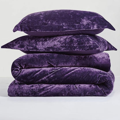 Luxury Velvet King Comforter Set, 3 Pieces Reversible Comforters King Size with 2 Pillow Shams, Brushed Solid Microfiber Back, All Season Cozy, Soft, Warm, Lightweight (Purple, 104x90 Inch)