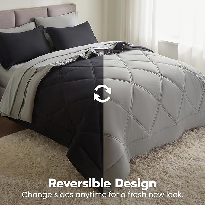 Joiedomi Queen Comforter Set with Sheets Black, 7 Pieces Queen Bed Set with 1 Down Alternative Comforter, 1 Flat Sheet, 1 Fitted Sheet, 2 Pillowcases and 2 Pillow Shams, Bed in a Bag for All Seasons