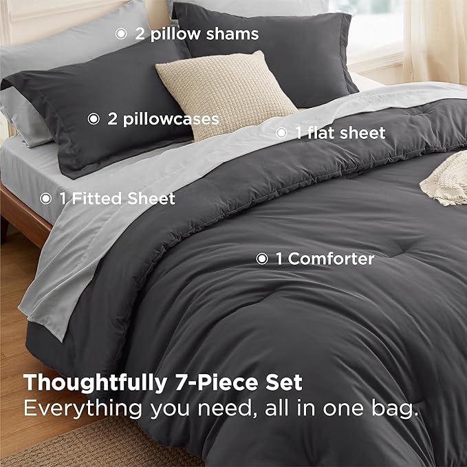 Bedsure California King Comforter Set - 7 Pieces Dark Grey California King Bedding Set for All Seasons, Boho Contrasting Design Bed in a Bag with Comforter, Sheets, Pillowcases & Shams