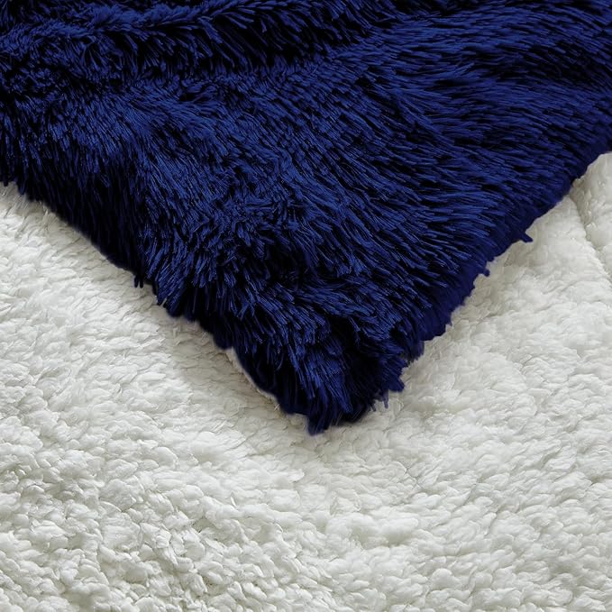 UOZZI BEDDING Navy Faux Fur Comforter Set King 3 Pieces - 1 Shaggy Comforter 104 x 90 with 2 Pillowcases - Ultra Soft and Easy Care Luxury Plush Warm Winter Fluffy Fleece Duvet Set