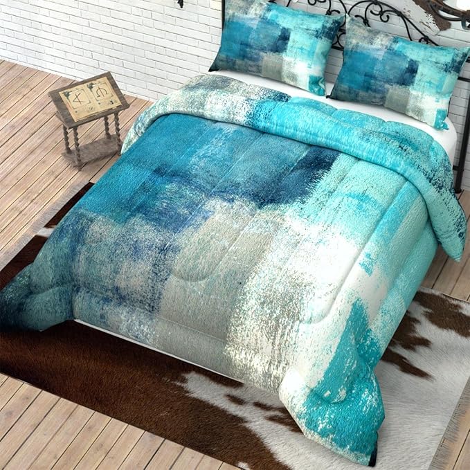 Teal Grey Comforter Sets for Kids Adults,3D Pattern with Bright Colors,Decorative Bedding Comforter Sets with 2 Pillow Shams, Queen Size