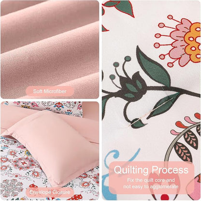 Boho Comforter Set King - 7 Pieces Bed in a Bag Floral Design, Bohemian Comforter Set with Sheets, Soft Microfiber Complete Bedding Sets All Season (Light Pink, King)