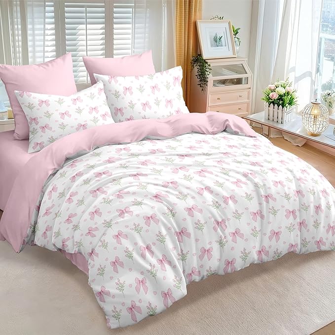 Nayoroom Pink Bow Comforter Set Queen Size Coquette Pink Floral Comforter 3 Pieces Soft Lightweight Kids Girls Cute Aesthetic Dorm Bedding Set for All Seasons