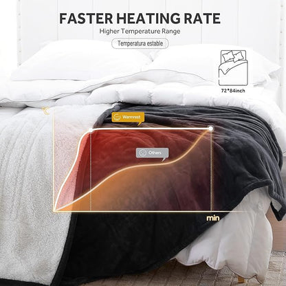 Heated Blanket Electric Blanket Full Size Soft Flannel Sherpa, 6 Heat Levels Fast Heating, 2 to 10 Hours Auto-Off Detachable Controller Machine Washable, Grey 72"x84"