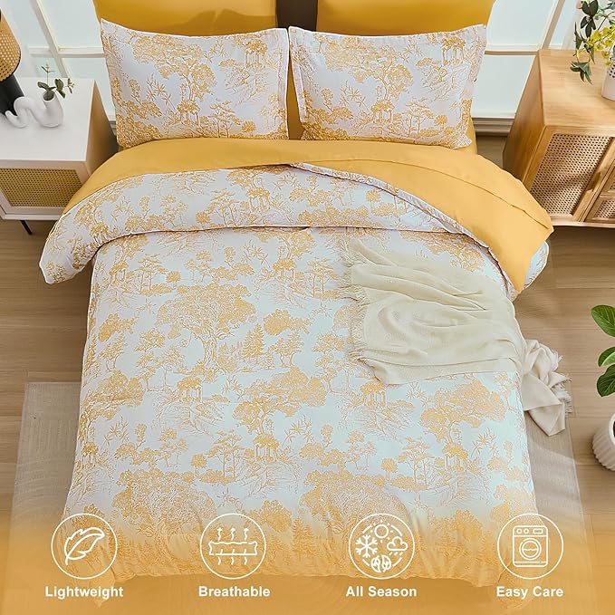 DJY King Size Comforter Sets, Yellow Botanical Comforters with Sheets 7 Pieces Bed in a Bag King Elegant Plants Print Soft Microfiber Reversible Complete Bedding Sets for All Season