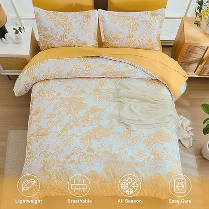 DJY King Size Comforter Sets, Yellow Botanical Comforters with Sheets 7 Pieces Bed in a Bag King Elegant Plants Print Soft Microfiber Reversible Complete Bedding Sets for All Season