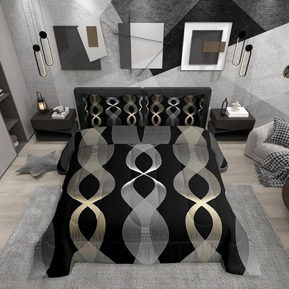 Erosebridal Black and Gold Twin Bedding Set, Gold Striped Abstract Comforter Set for Men Women Adults Teens, Contemporary Boho Modern Art Quilt, Ombre Geometric Stripes Artistic Comforter