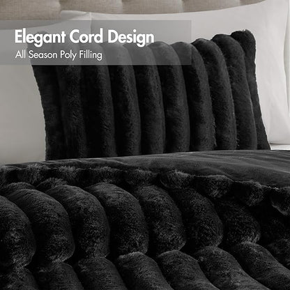 Madison Park Jasmine Queen Comforter Set, Luxurious Reversible Faux Fur Plush Ribbed Velvet Bedding, Fuzzy Thick Warm Winter Comforter, Super Soft Fluffy 3-Piece Set Black