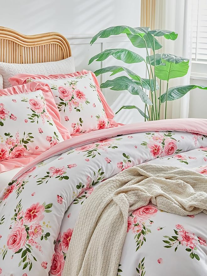 Flower Comforter Set Queen Size 90 * 90in - White Pink Floral with Green Leave Style -3 Pieces Shabby Chic Farmhouse Bedding with Ruffled Fringe Rustic Lightweight Fluffy Ruffle Comforter with Shams
